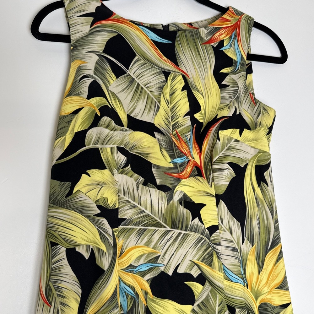 Bird of Paradise Tropical Floral Sheath Dress Black Green Petite 4P Resortwear